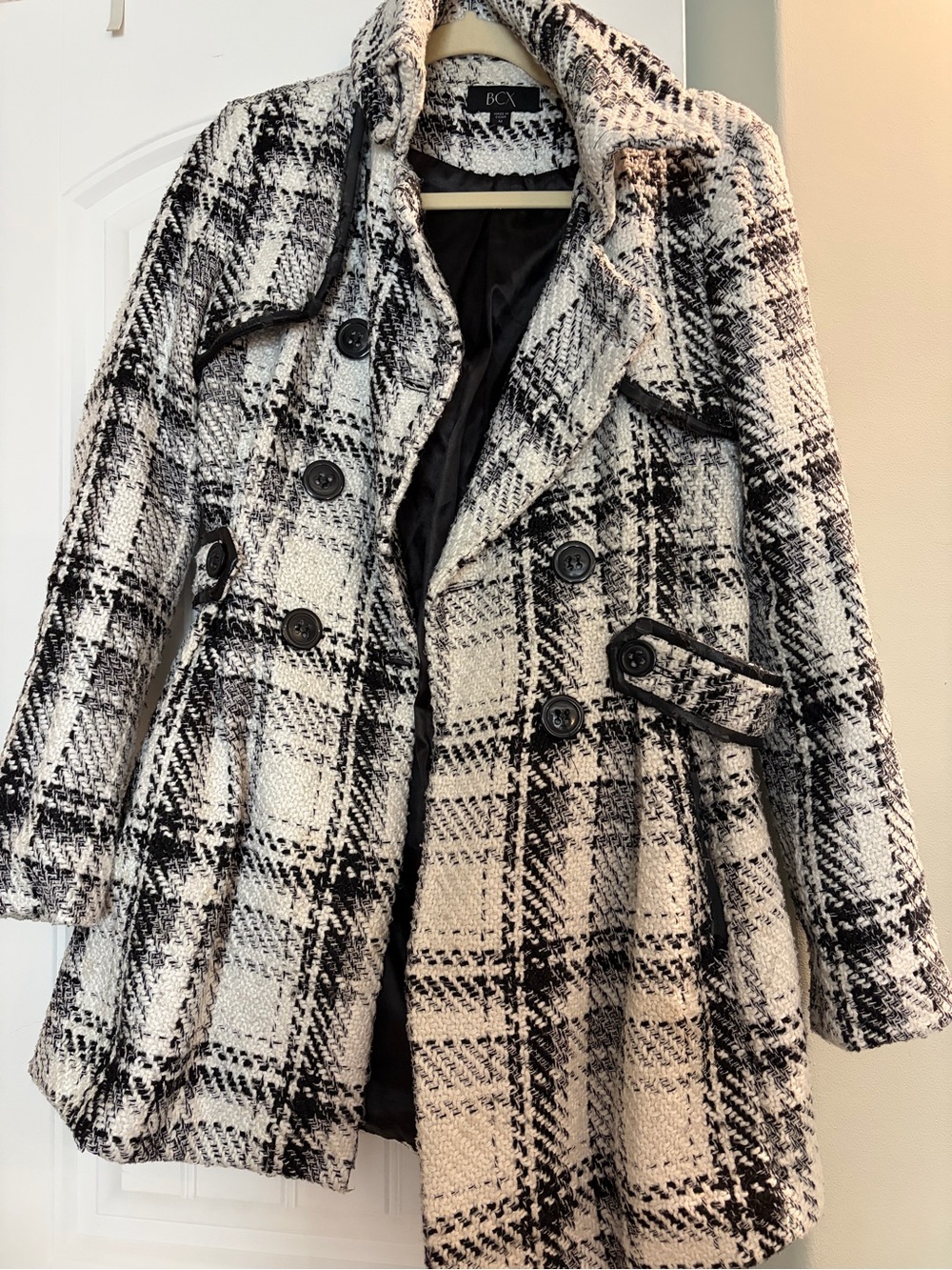 BCX Black & White Plaid Double-Breasted Pea Coat